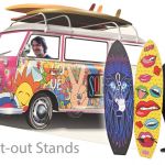 camper van and surfing boards cut out displays