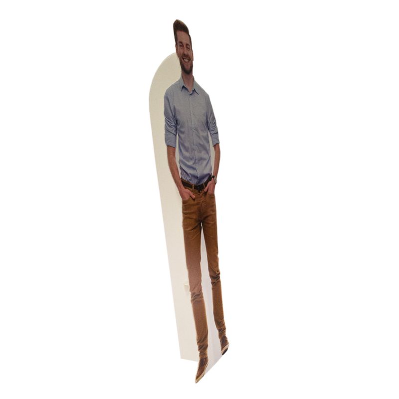 Side view of printed Correx free-standing life size cut out of a man