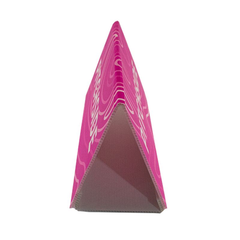 Printed Correx Toblerone, scored and folded in a triangle shape